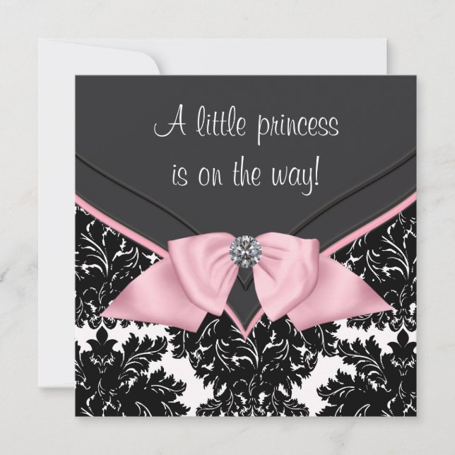 Svart Damask Rosa Slinga Prinsessa Barnkalas Inbjudningar (Framsida)