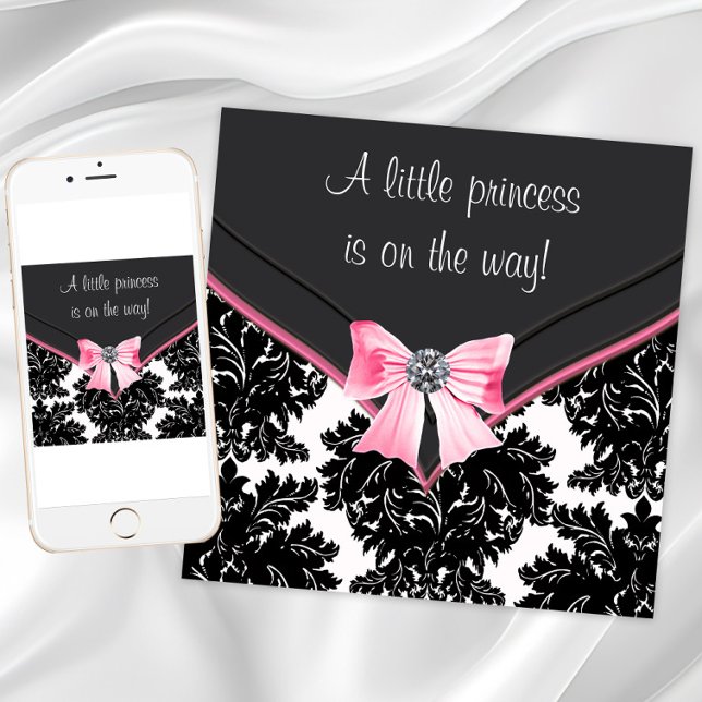 Svart Damask Rosa Slinga Prinsessa Barnkalas Inbjudningar (Pink black damask baby shower invitation. Add text of your choice to front and back. Digital & Print)