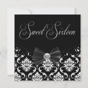 Svart Damask Sweet Sixteen Födelsedagsfest Inbjuda Inbjudningar