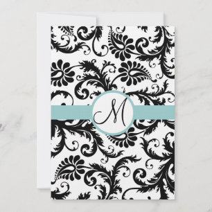 Svart Damask Swirls Aqua Trim bröllopsinbjudan Inbjudningar