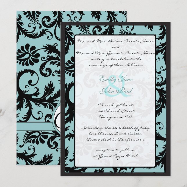 Svart Damask Teal Blue Bröllopsinbjudan Inbjudningar (Fram/baksida)