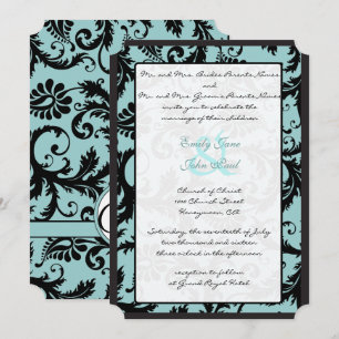 Svart Damask Teal Blue Bröllopsinbjudan Inbjudningar