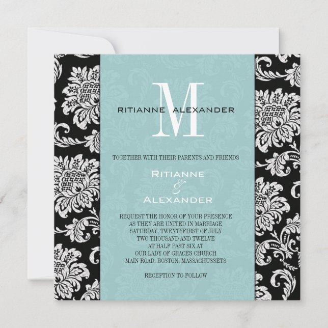 Svart Damask Tiffany Monogram Bröllopsinbjudan Inbjudningar (Framsida)