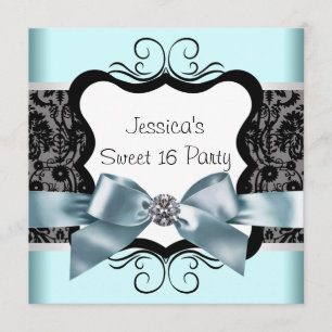 Svart Damask Turkos Svart Sweet 16 Födelsedagsfest Inbjudningar