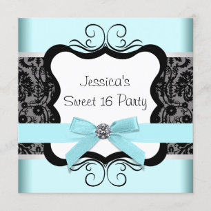 Svart Damask Turkos Svart Sweet 16 Födelsedagsfest Inbjudningar