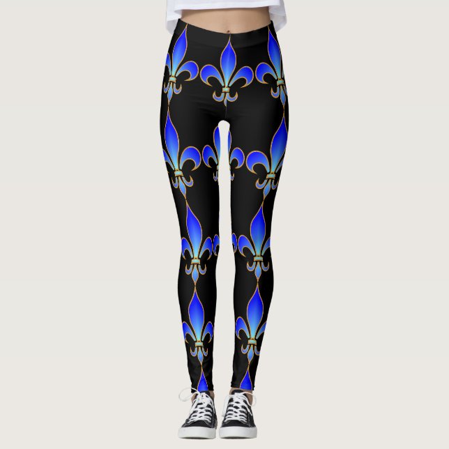 Svart damasker fleur-de-lis leggings (Framsida)