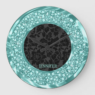 Svart Damasker Grönt Diamonds Glitter Stor Klocka