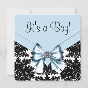 Svart Damaskus Blå och svart baby shower Inbjudningar