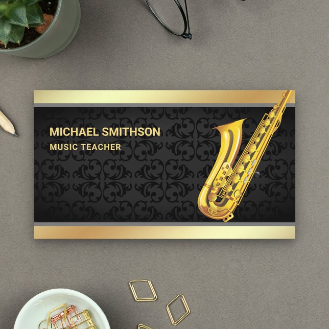 Svart Damaskus Guld Folie Saxofon Musiklärare Visitkort (Skapare uppladdad)