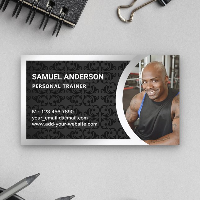 Svart Damaskus Silver Fitness Personlig Tränare Fo Visitkort (Skapare uppladdad)