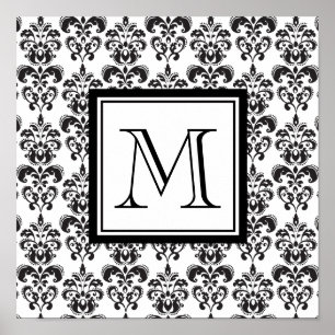 Svart damastast mönster 2 med din Monogram Poster