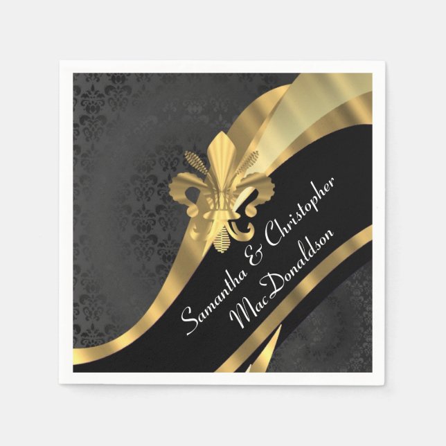 Svart damm och guld fleur de lys pappersservett (Framsidan)
