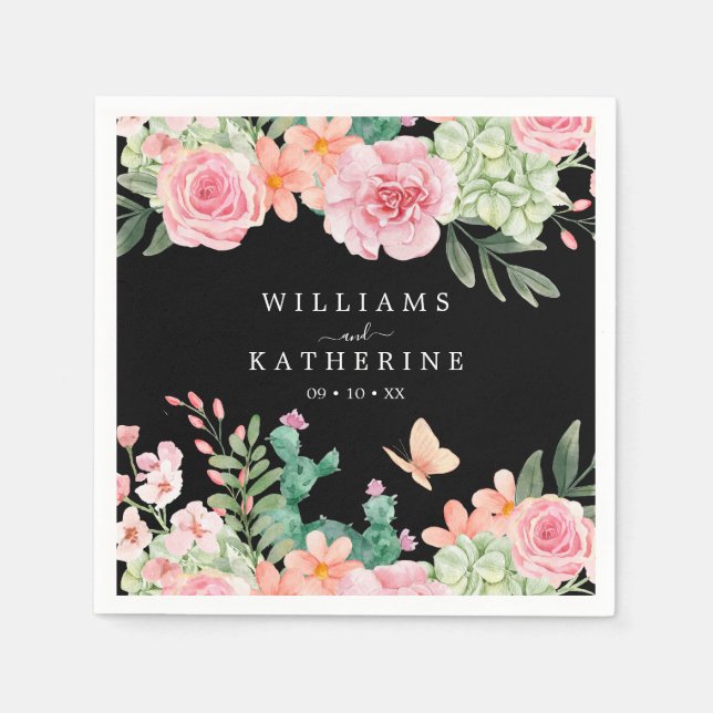 Svart dammig rosaktig rosa & persika floral bröllo pappersservett (Framsidan)