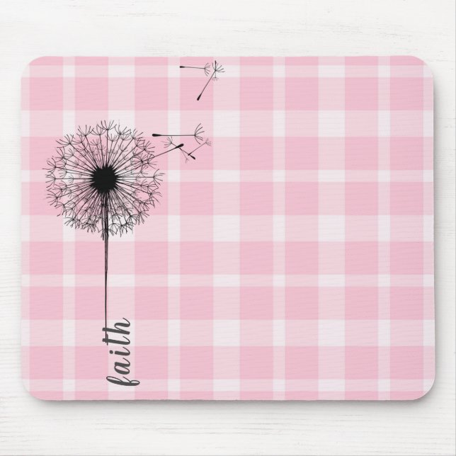 Svart dandelion på rosa plaid musmatta (Framsidan)