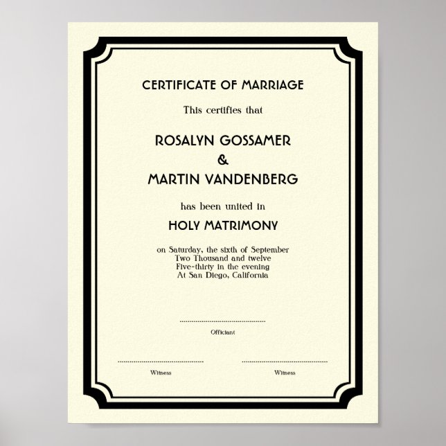 Svart Deco ram keepsaké bröllop certifikat ecru Poster (Framsidan)