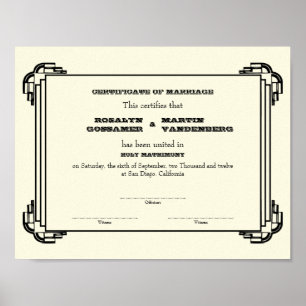 Svart Deco ram keepsaké bröllop certifikat ecru Poster