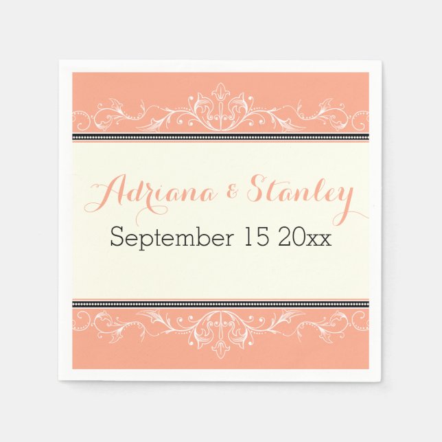 Svart dekoral gräns bröllop pappersservett (Framsidan)