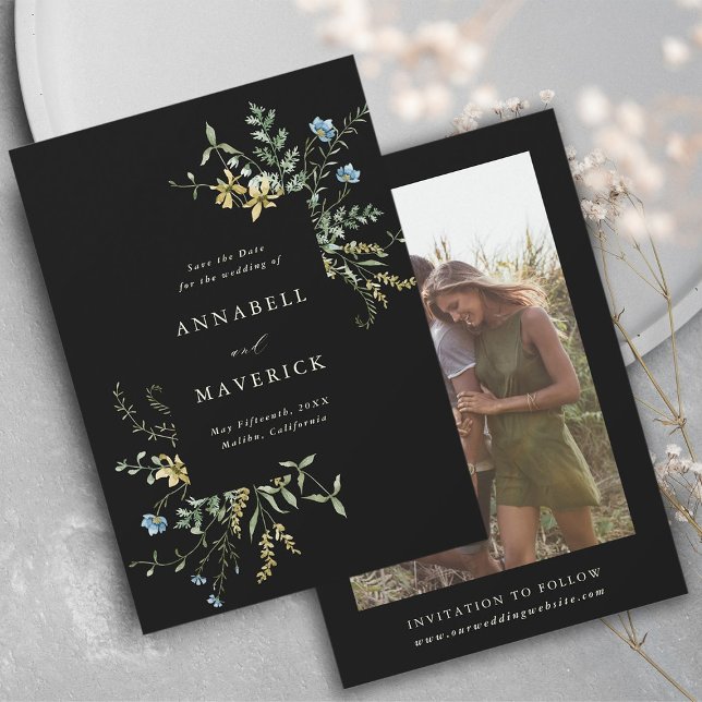 Svart delikat vildblomma boho bröllopsfoto spara datumet (Front & Back)
