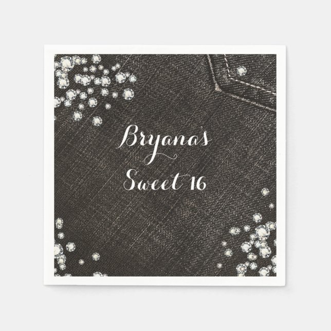 Svart Denim & Diamonds Glam Crown Party Pappersservett (Framsidan)