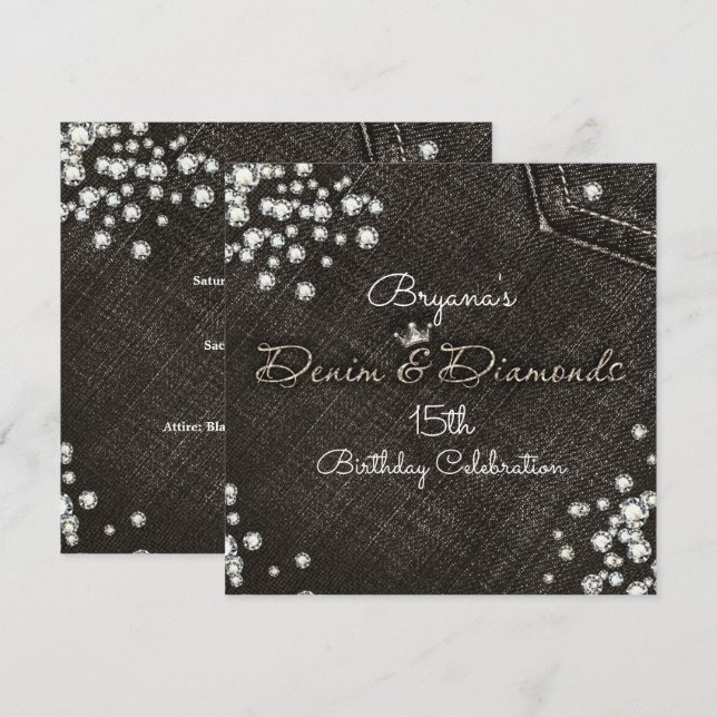 Svart Denim & Diamonds Glam krona festinbjudan Inbjudningar (Fram/baksida)