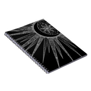 Svart design för elegant vid Sol Måne Mandala Silv Anteckningsbok