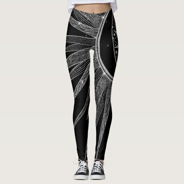 Svart design för elegant vid Sol Måne Mandala Silv Leggings (Framsida)
