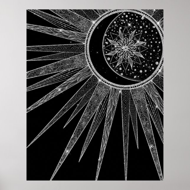 Svart design för elegant vid Sol Måne Mandala Silv Poster (Framsidan)