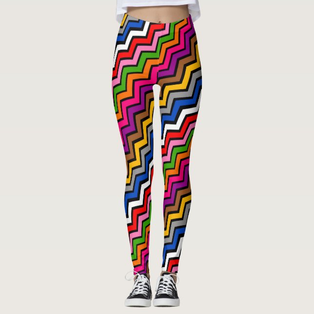 Svart design med flera färgade Zigzag Chevron Leggings (Framsida)