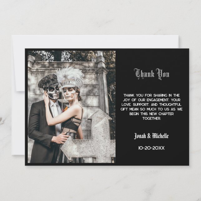 Svart Dia De Los Muertos Förlovningsfest Tack Kort (Framsida)