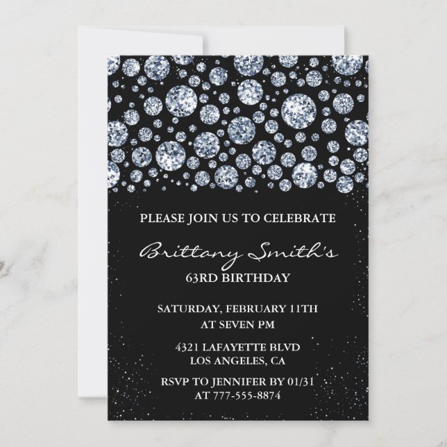 Svart Diamond Sparkle Glitter 63-årsdag  Inbjudningar (Framsida)