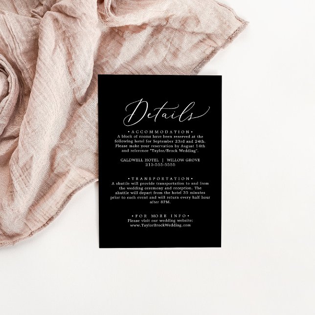 Svart DIY-Bröllop-informationskort med känslig Mör Inbjudningar (Delicate Dark Black DIY Wedding Details Card)