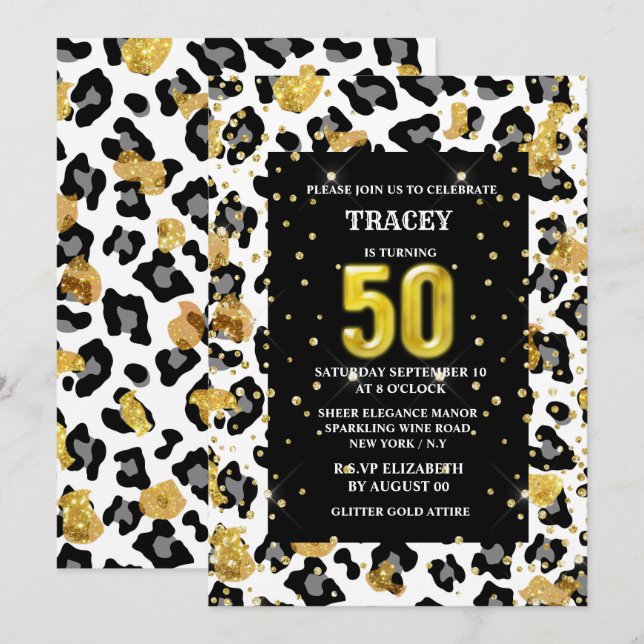 Svart djurtryck guld glitter päls mönster inbjudningar (Fram/baksida)