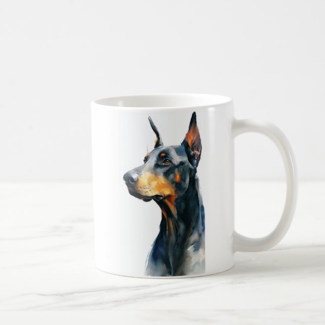 Svart dobermann vattenfärgporträtt kaffemugg (Höger)