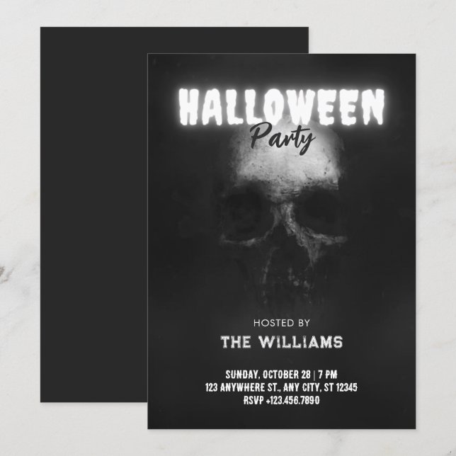 Svart dödskalle ben huvud halloween  inbjudningar (Fram/baksida)