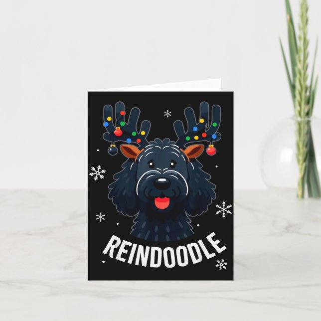 Svart Doodle Hund Reindoodle Ren Doodle Jul Kort (Framsida)