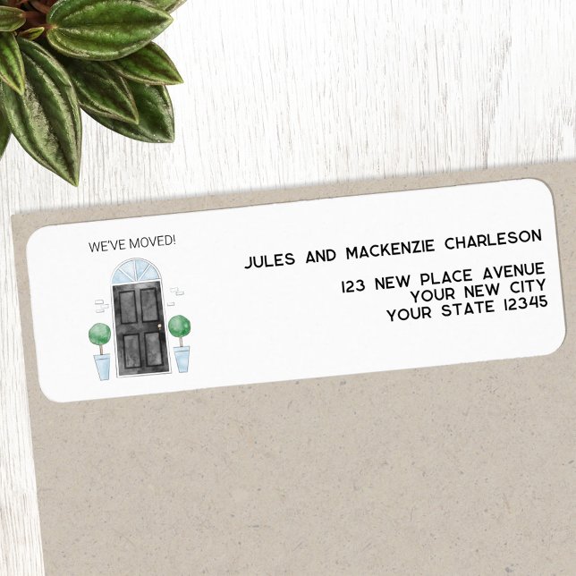 Svart dörr vi har Flyttat ny Returadress i hemmet Etikett (Watercolor front door we've moved new home announcement return address label)