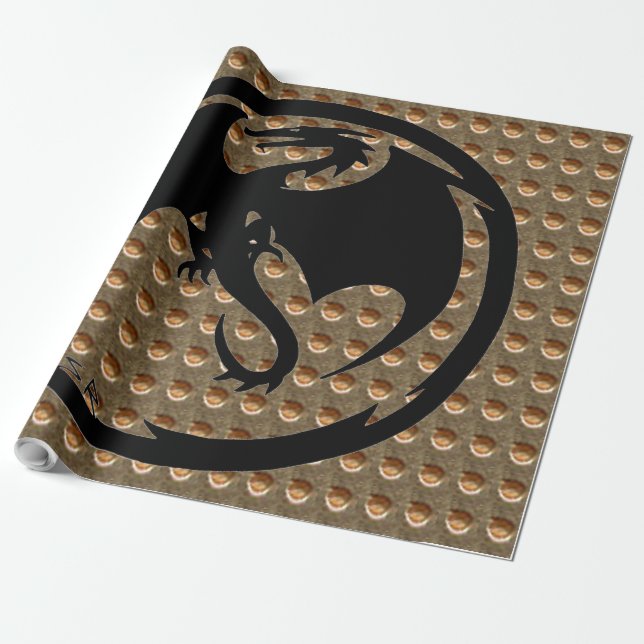 Svart Dragon guld-indrag, glansigt figursatt figur Presentpapper (Utrullad)