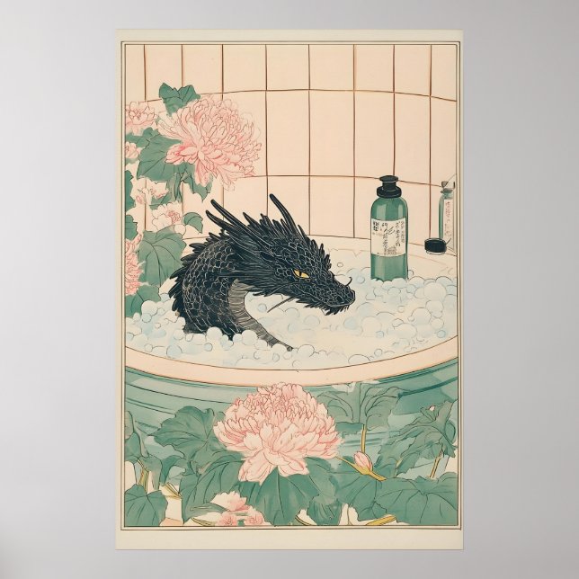 Svart Drak Badrumstryck Japansk Ukiyo-e Konst Poster (Framsidan)