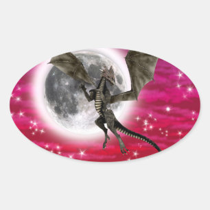 Svart Drak - Mythiskt Fantasiväsen Röd Himmel Ovalt Klistermärke