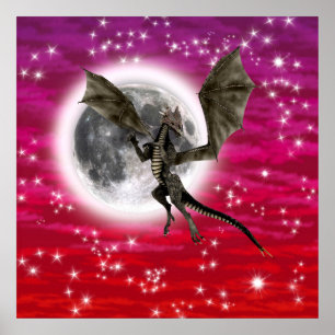 Svart Drak - Mythiskt Fantasiväsen Röd Himmel Poster