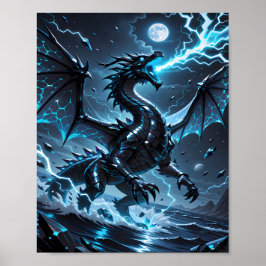 Svart Drakstorm i Blå Elektricitet - Fantasy Poster