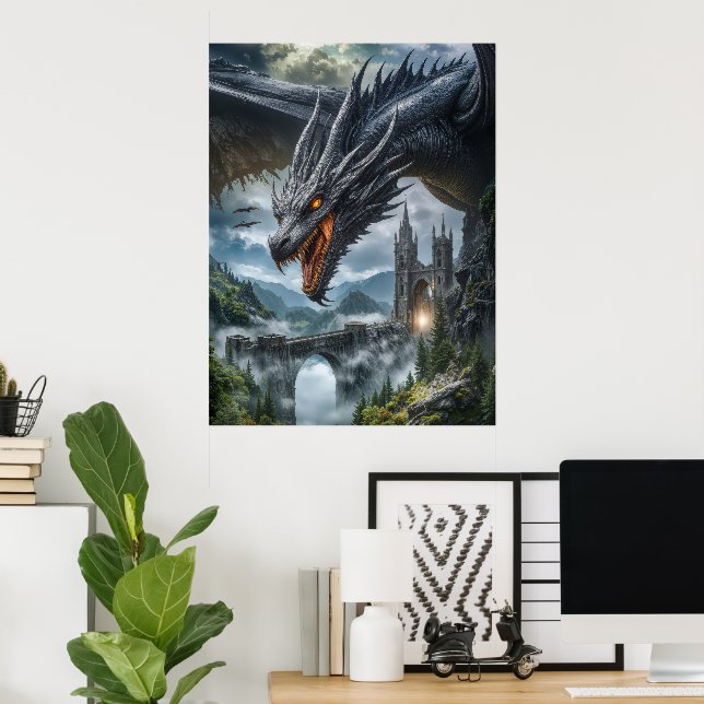 Svart Drakvakt över en gotisk bergsborg Poster (Hemmakontoret)