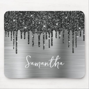 Svart Droppande Glitter Silver Glam Namn Musmatta