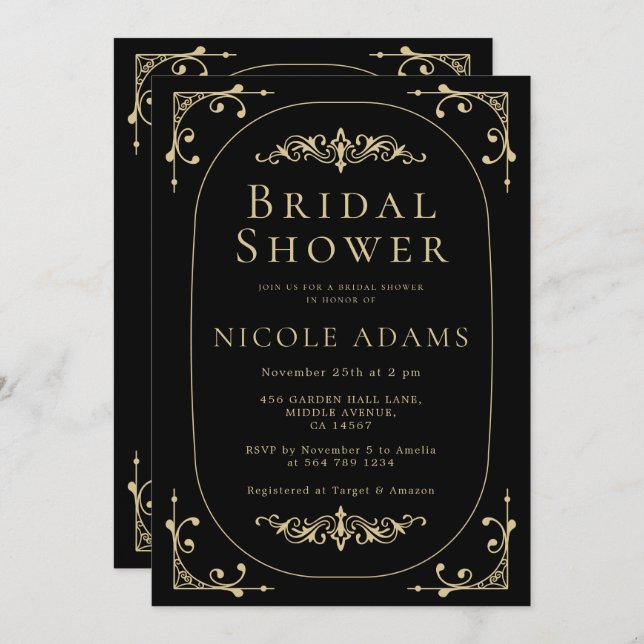 Svart Elegant Art Deco Guld Retro-Möhippa Inbjudningar (Fram/baksida)