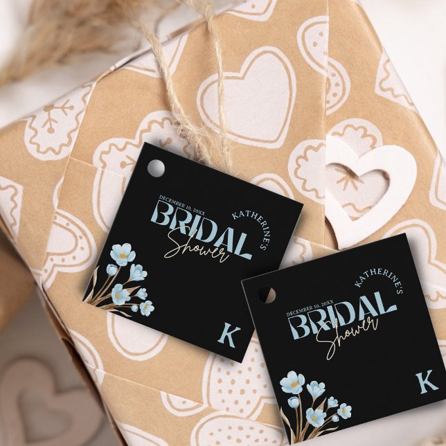 Svart Elegant Blått Akvarell Blommig Bröllopsdusch Gåvor Etiketter (Skapare uppladdad)