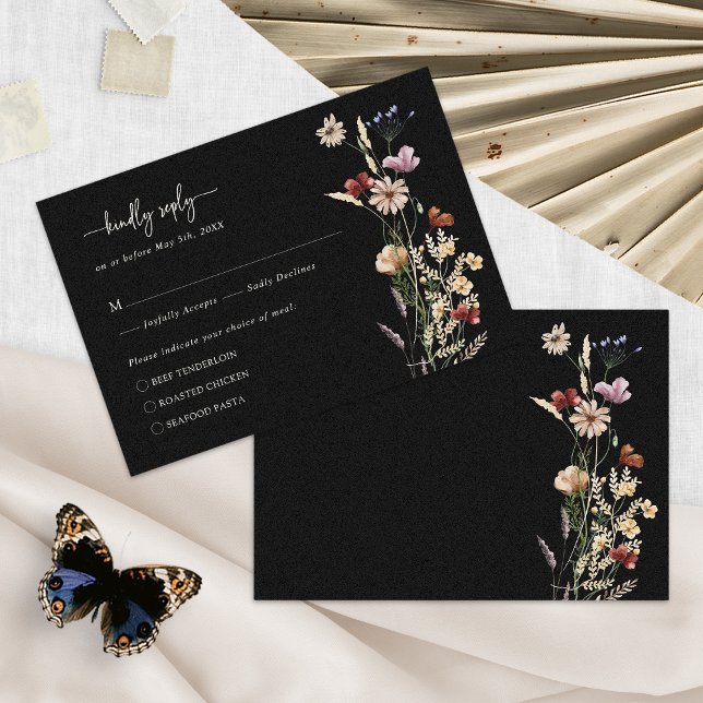 Svart Elegant Blommigt Boho OSA kort (Black Elegant Floral Boho RSVP Card by Painted Paperie
)