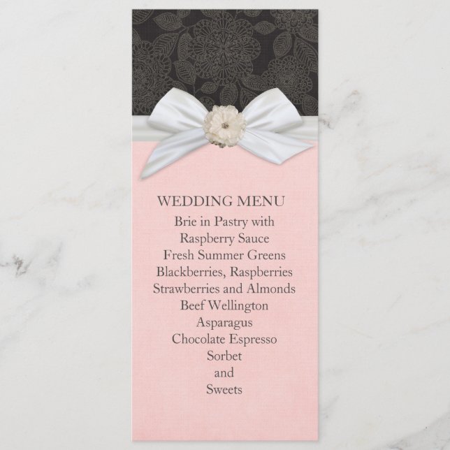 Svart Elegant Blommigt Ribbon Damask Wedding Menu Meny (Framsida)