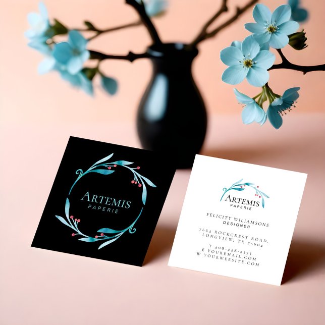 Svart Elegant Blommigt Vattenfärg Botanisk Vapensk Fyrkantigt Visitkort (Black Elegant Floral Watercolor Botanical Crest Square Business Card)