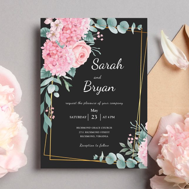 Svart Elegant Blommigt Vattenfärgen Ram Boho Bröll Inbjudningar (Skapare uppladdad)