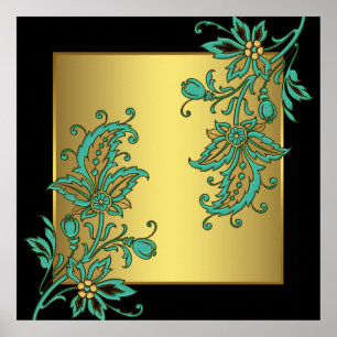 Svart elegant blomstermotiv väggkonsttryck i guld poster